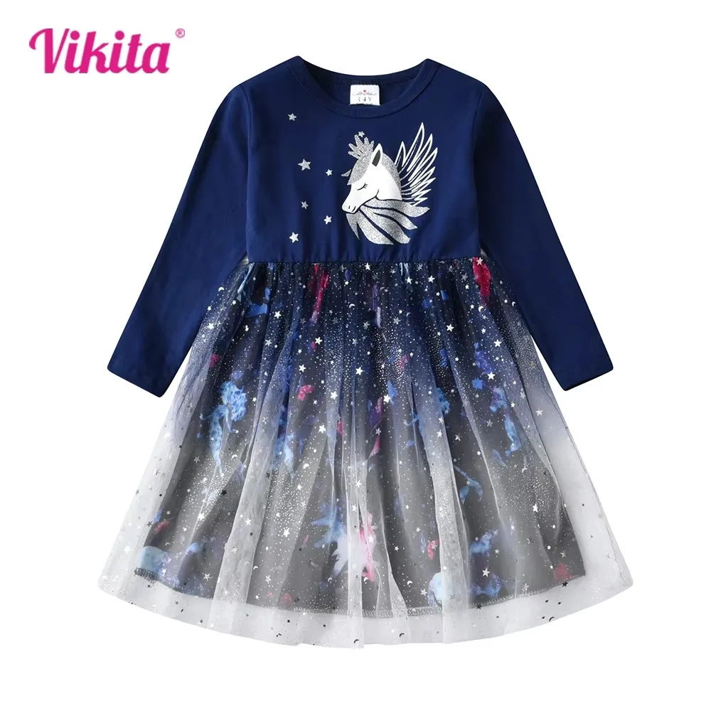 VIKITA Girls Unicorn Dress Kids Princess Dress for Girl Autumn Winter Long Sleeve Mesh Party Casual Dresses Children Clothing