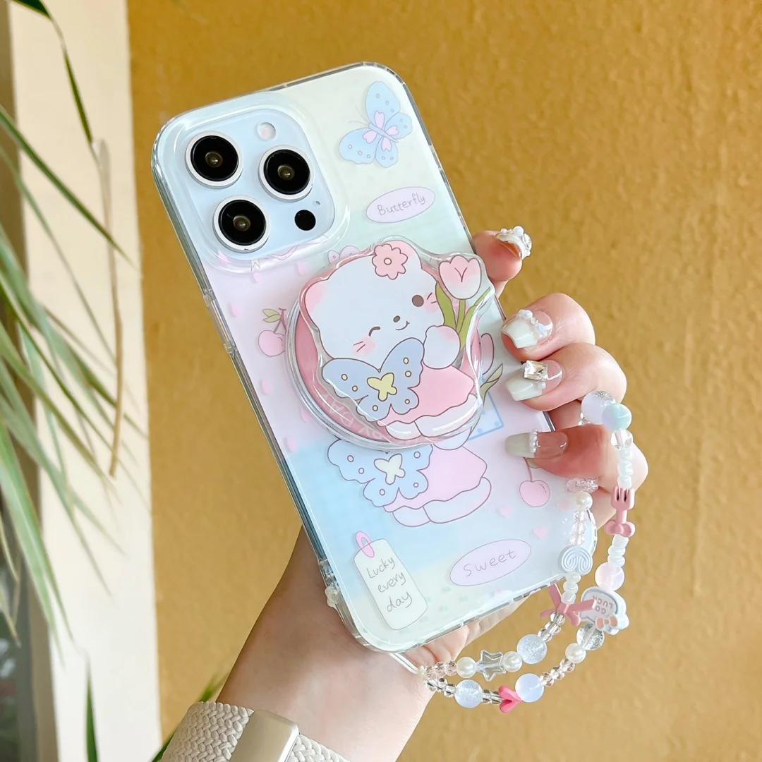 

Wrist strap Lanyard Flower Hello Kitty Magsafe Wireless Charge Case For iPhone 13 14 15 16 Pro Max Funny kitten Magnetic Stand