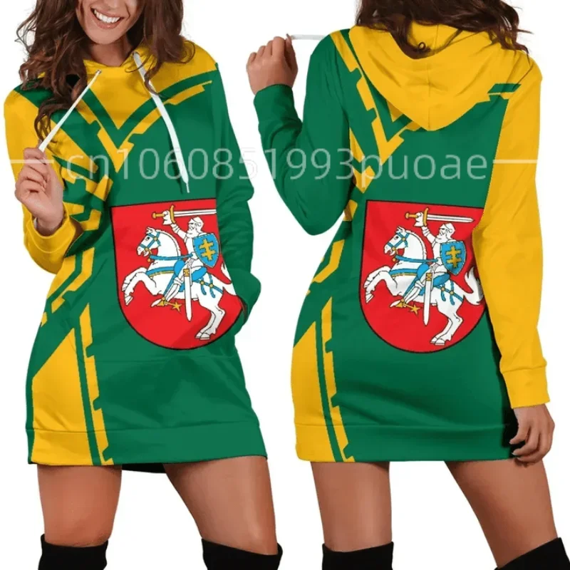 2023 Love Lithuania Country Flag New Harajuku Novelty 3D Print Autumn Hoodies Dress Women Casual Wear Long Sleeve Hooded Dress