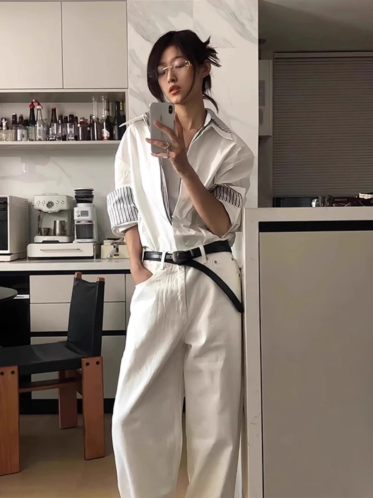 

Мужской осенний модный длинный топ в стиле пэчворк в полоску с американским стилем, повседневный топ с небольшим дизайном, свободный крой, плоская железная ткань...