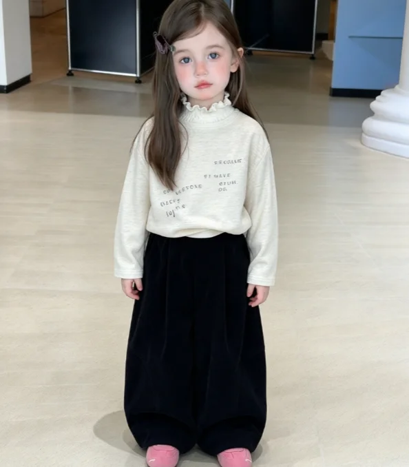 Girls' Coat 2026 Autumn and Winter New Children's Clothing Korean Style Girl Baby Retro Corduroy Pinch Pleated Wide Leg Pants