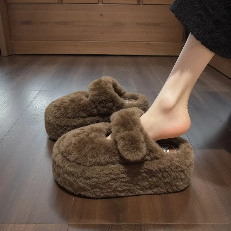 Korean Style Fashionable All-Match Fur Slippers Women's Thick Bottom Heightening Lazy One-Step-On Headed Slippers Autumn Wint...