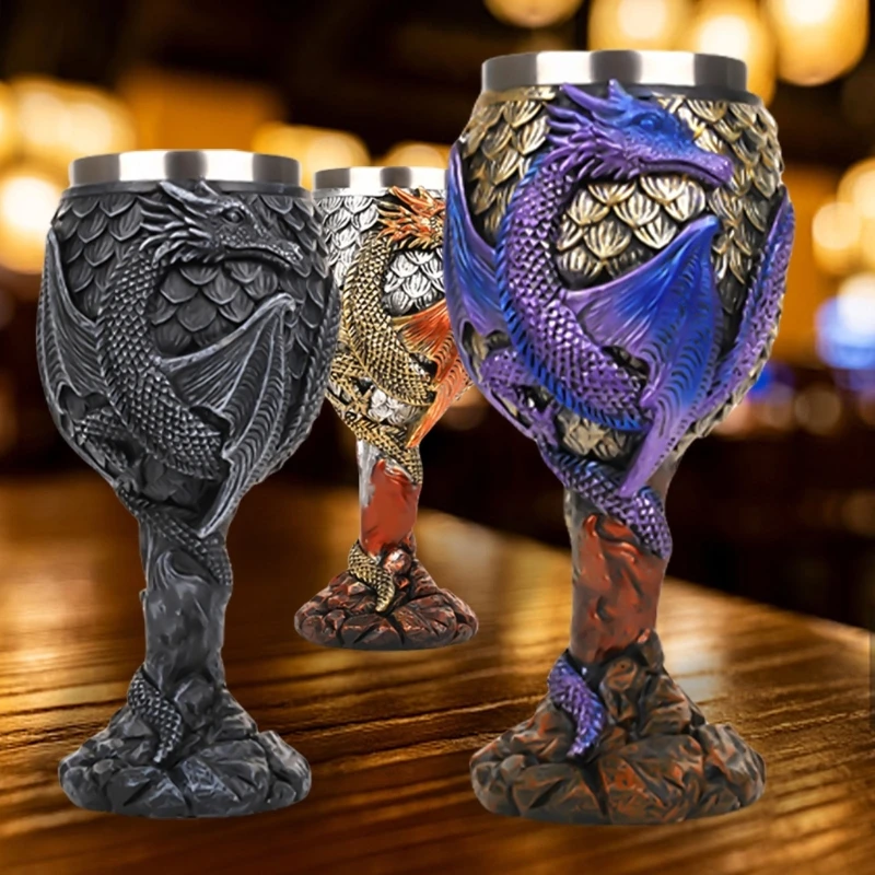 Wine Cup Dragon Embossed High Stem Wine Glass Wine Drinking Cup Resin Goblet for Home Decoration