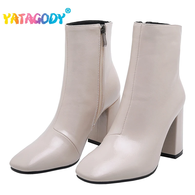 YATAGODY Size 33-45 Women Ankle Boots Classic Square Toe Chunky High Heels Winter Shoes Woman Casual Business Patent Short Boots