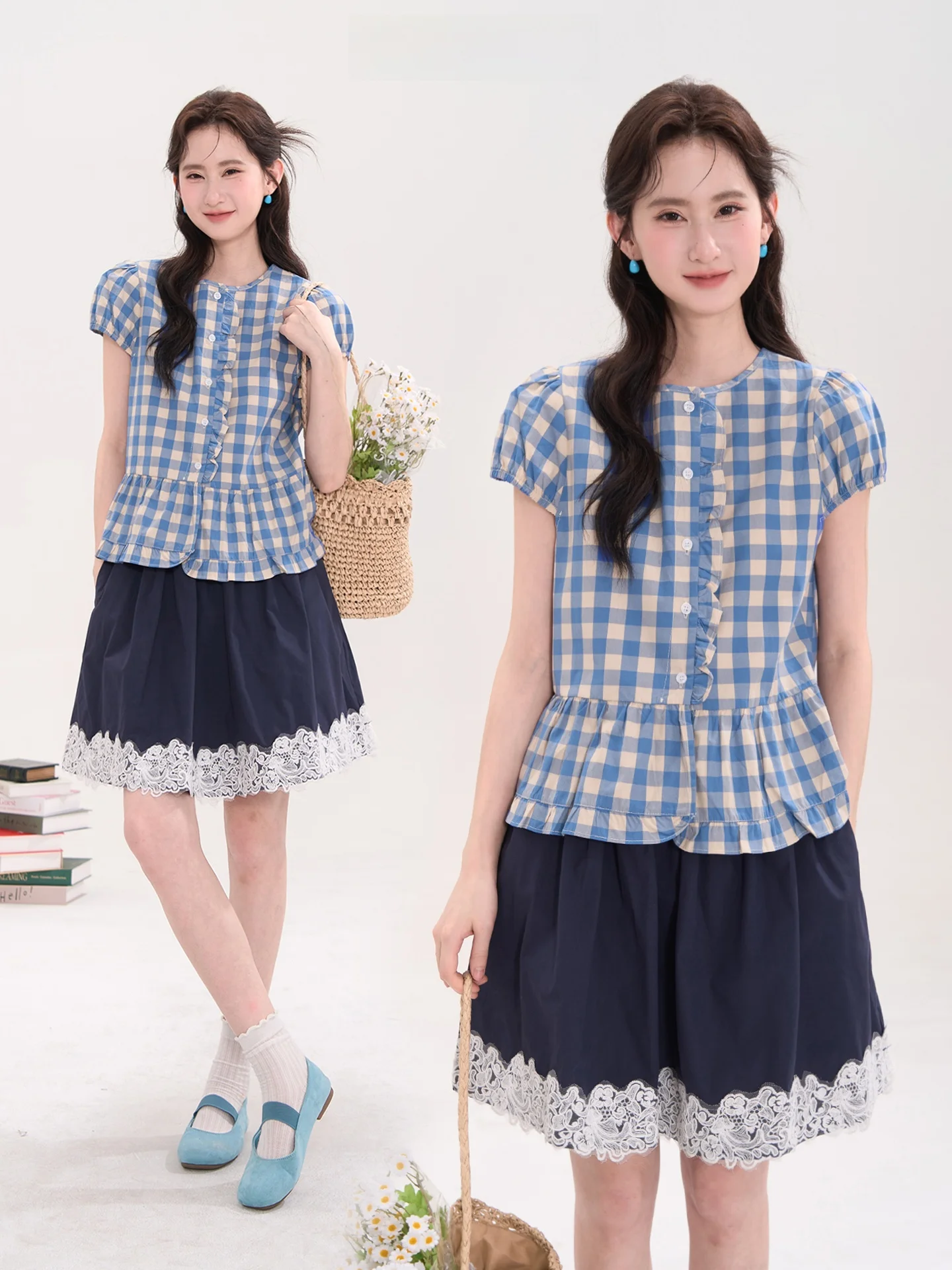 

Летняя женская рубашка в клетку с коротким рукавом и круглым вырезом, с декоративным подолом в виде листьев, в стиле принцессы, из чистого дышащего хлопка