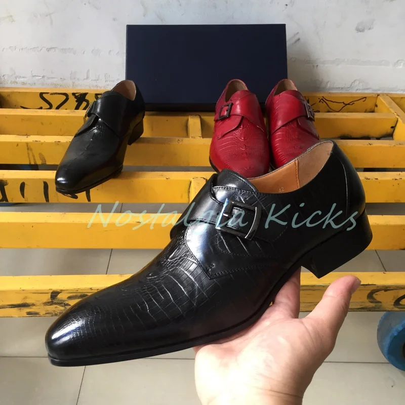 ヴィンテージレッドクロコダイルエンボスドレスシューズモンクストラップ本革シングルバックルローファーカジュアルポインテッドトゥオックスフォード男の靴