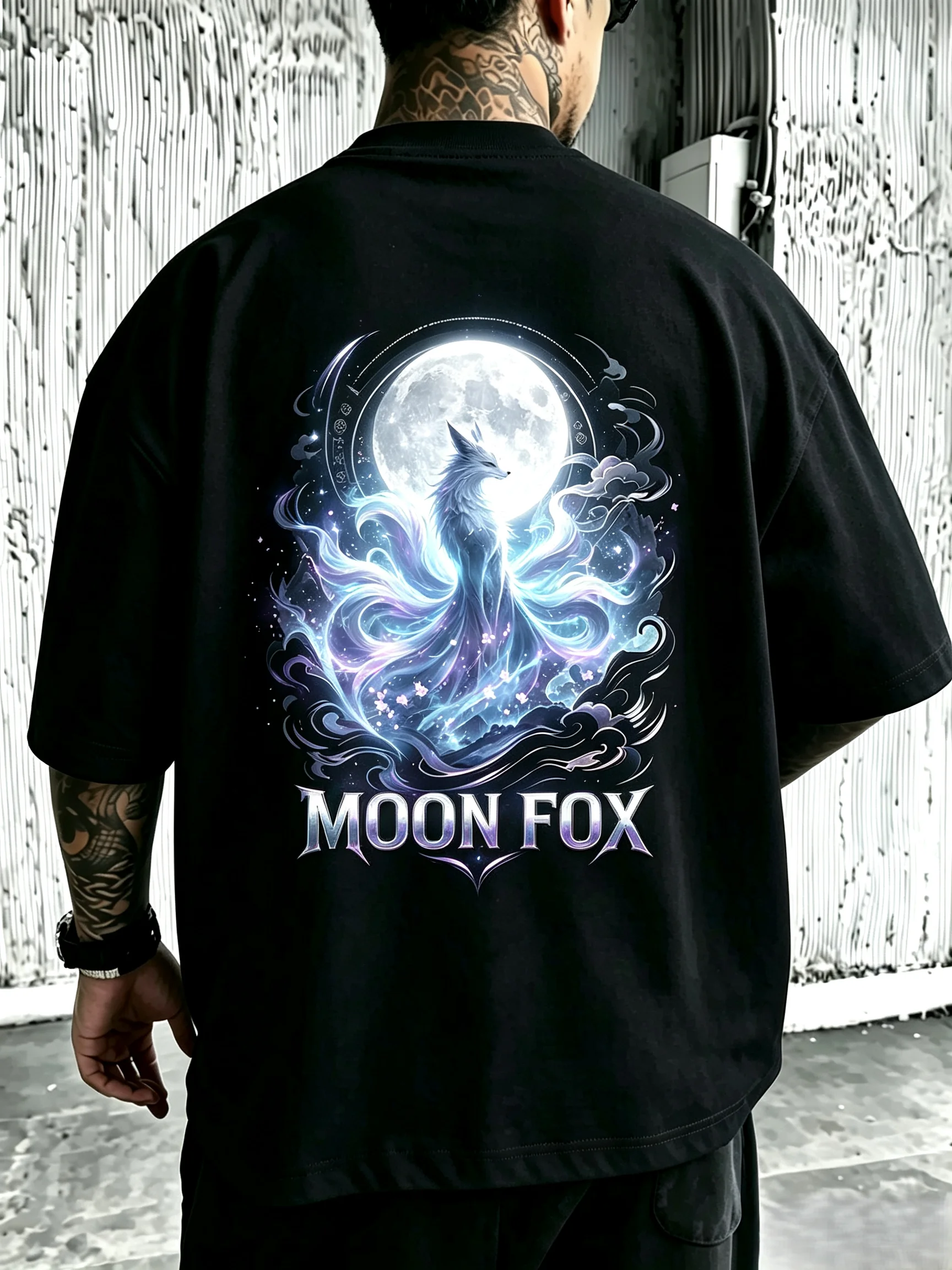 Unisex Moon Fox Back Print T Shirt Men Women Fantasy Nine Tailed Fox Full Moon Cloud Graphic Oversized Crew Neck Short Sleeve Tee Mystic Streetwear Cotton Top