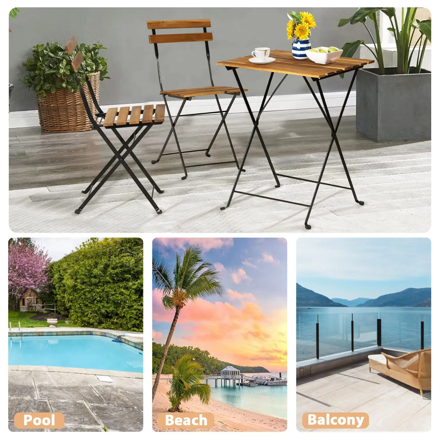Vintage Foldable Bistro Set 1 Square Table With 2 Folding Chairs Metal Frame Garden Patio Furniture For Outdoor Use