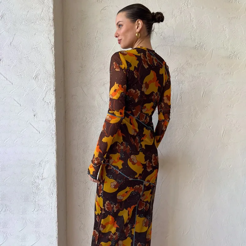 Nuevo estilo impreso transparente para mujer moda Sexy manga larga Floral francés Split Maxi vestido