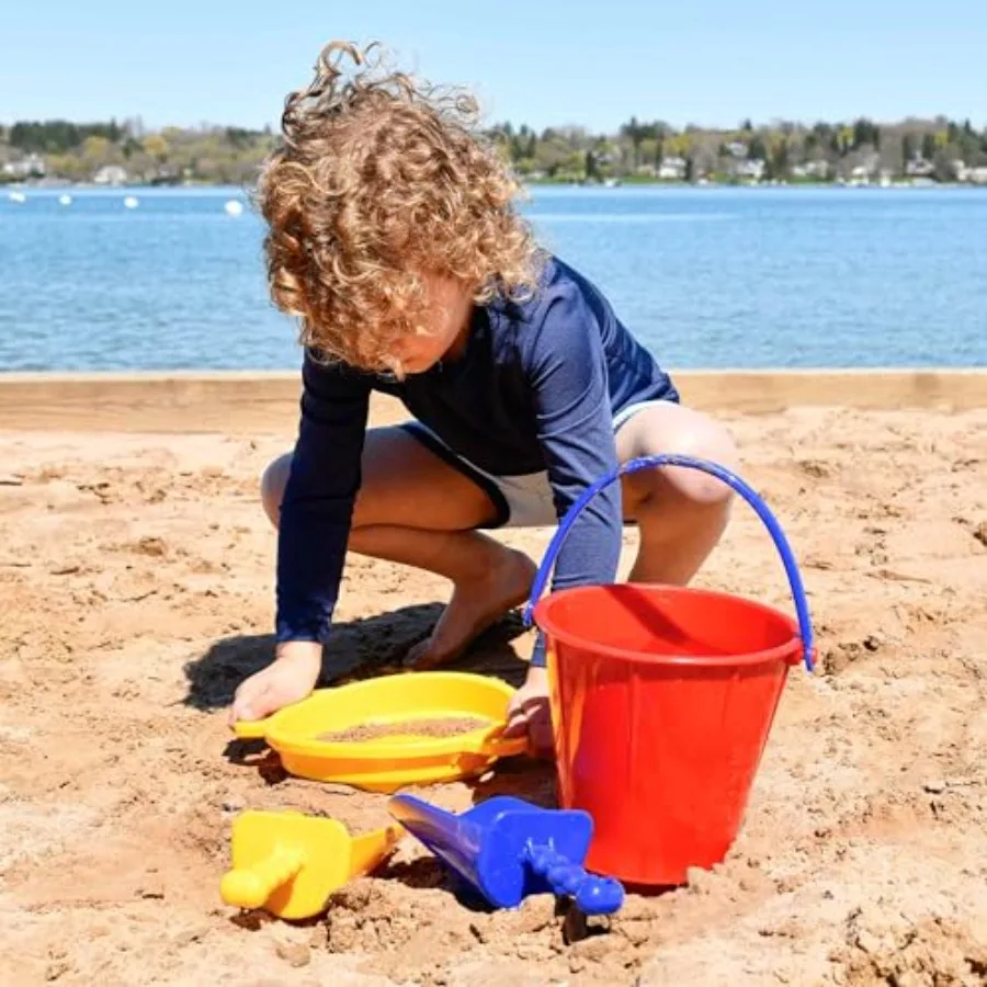 Sand Toys Bundle Large Pail Sieve and 2 Scoops Colors Vary