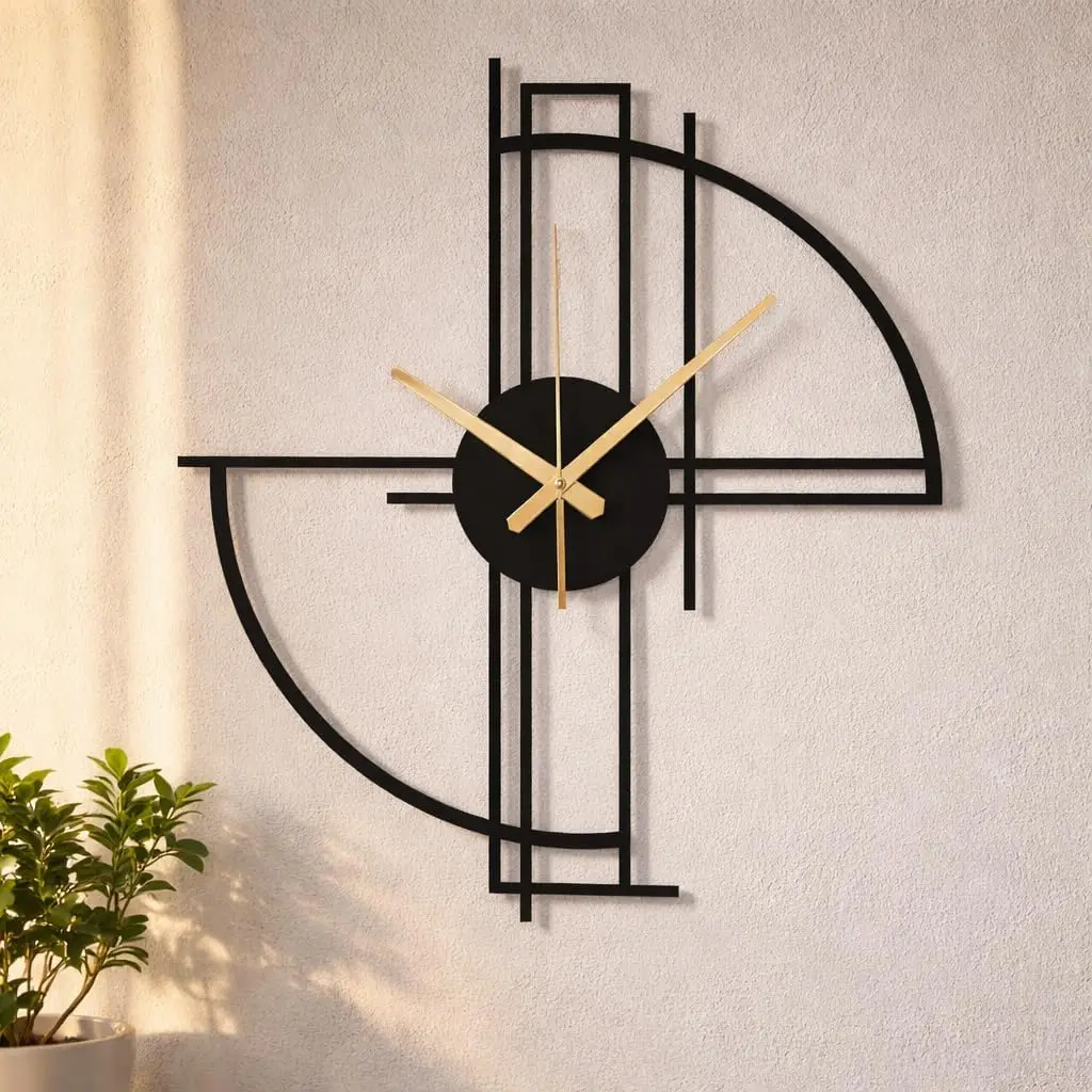 Modern Geometric Metal Wall Clock, Minimalist Black Steel Design, Silent Non-Ticking Mechanism, Unique Contemporary Home Decor,