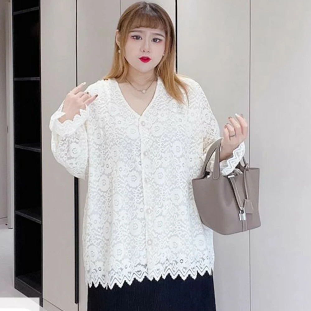 เสื้อลูกไม้ทรงหลวมไซส์ใหญ่พิเศษ 5XL สำหรับผู้หญิง น้ำหนัก 120 กก. คอวี ผ้าสีพื้น เสื้อผู้หญิงทรงโอเวอร์ไซส์