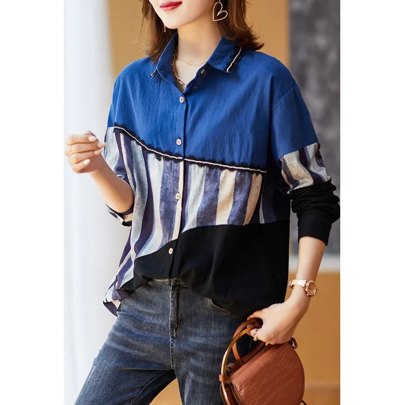 2023 New Spring and Autumn Polo Collar Hot Diamond Contrast Printing Loose Relaxed Oversize Simple Commuter Fashion Shirt