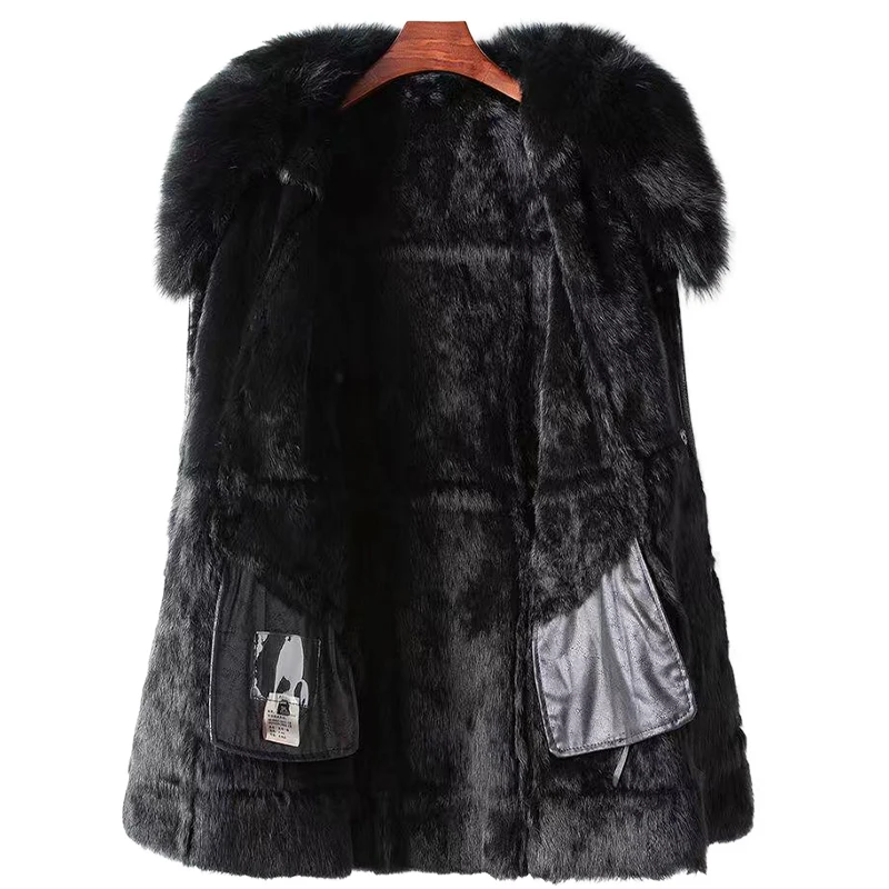 Women's Jacket Fur Coat New In Winter Long Natural Rabbit Fur Lining With Natural Real Fox Fur Collar Sheepskin Coat For Women