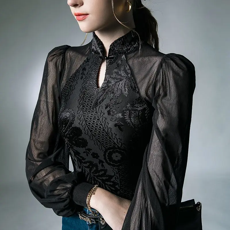 Women\'s Clothing Vintage Sexy Hollow See Through Mesh Lace Party Basic Tops Elegant Stand Collar Black Long Sleeve Slim T-shirts