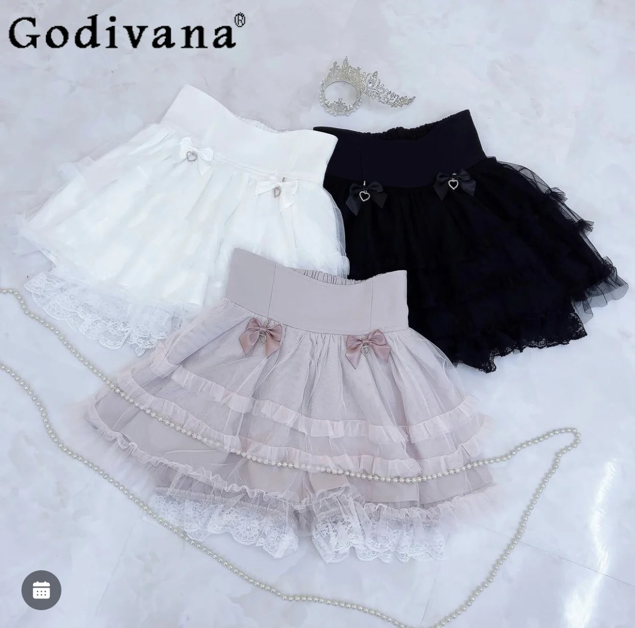 

Japanese Mine Mass- Produced Sweet Pink Skirt Women Autumn Fashion Bow Lace Elastic Waist Mini Skirt Office Lady Pleated Skirts