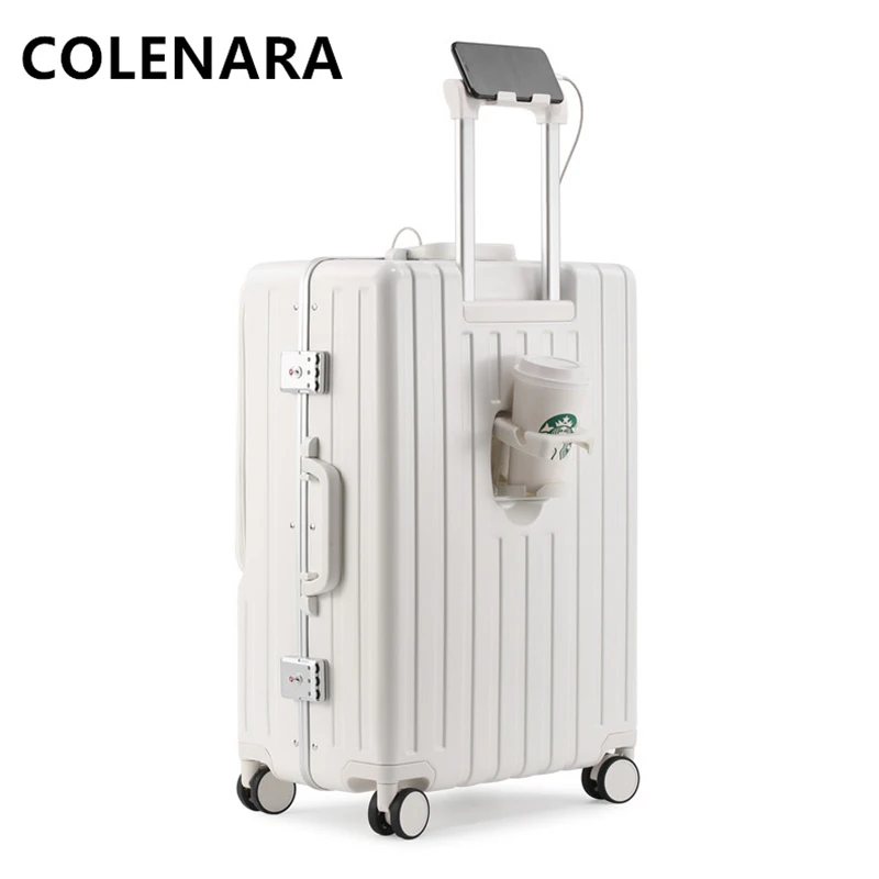 

COLENARA 20"USB Charging Luggage Front Opening Laptop Boarding Case Trolley Case with Cup Holder 24Inch Women's Cabin Suitcase