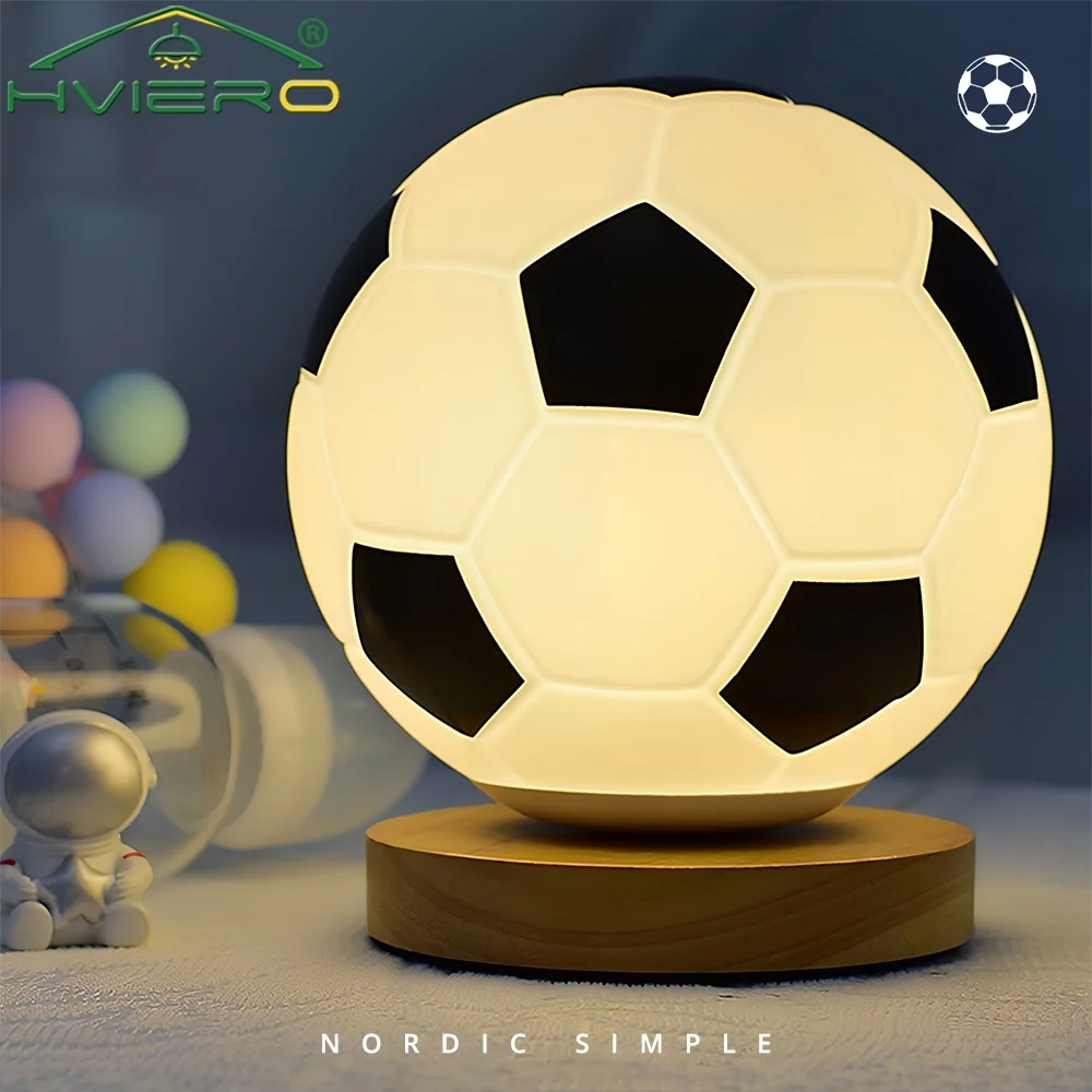 Football Solid Wood Glass Small Table Lamp Night Reading Light USB LED Circular Bedside Bed Study Decoration Remote Dimming Room