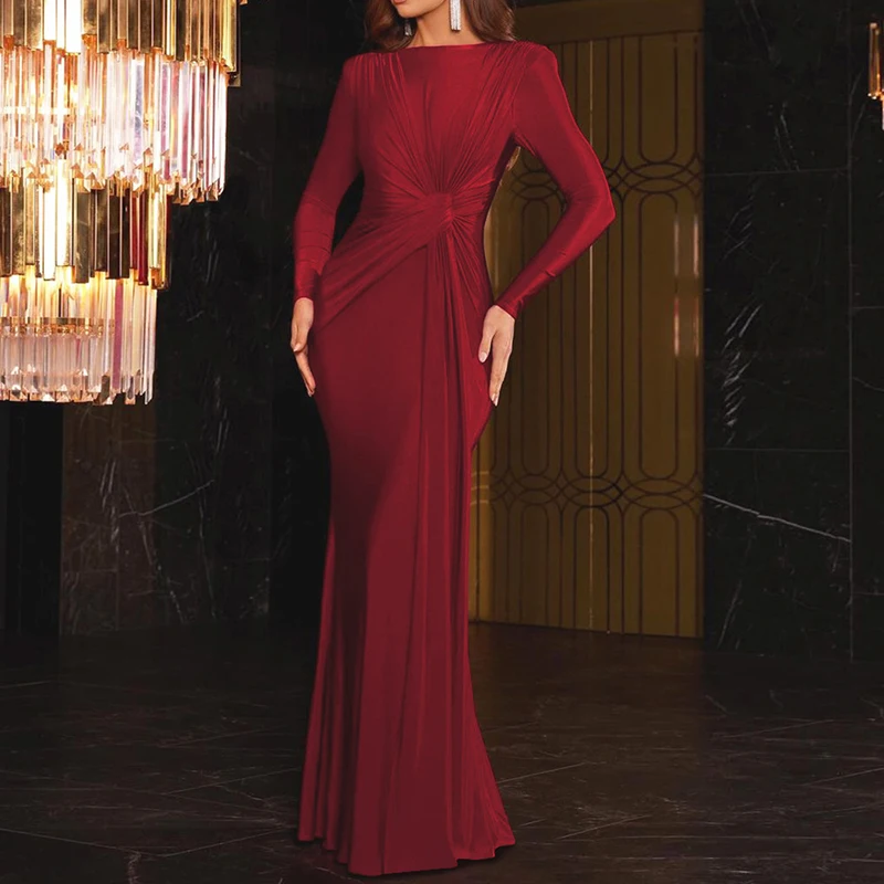 Elegant O Collar Twist Up Prom Gown Autumn New Long Sleeve Solid Pullover Dress Fashion Banquet Temperament Slim Evening Dresses