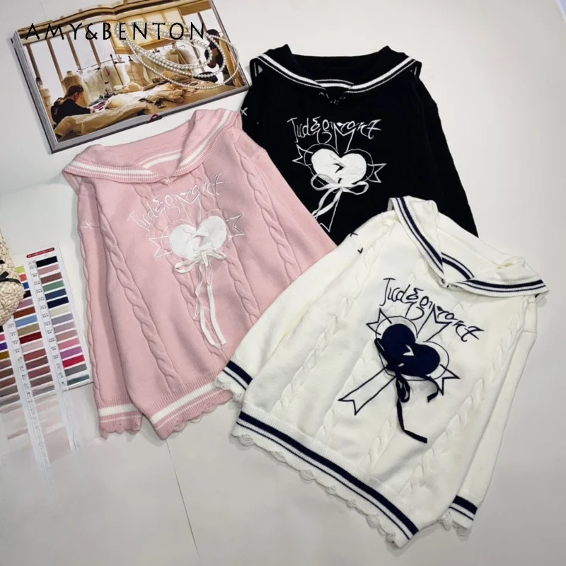 

New Japanese College Style Long Sleeves Knitwear Pink Color Embroidery Lace-up Bow Student Age-reducing Fashion Pullover Sweater