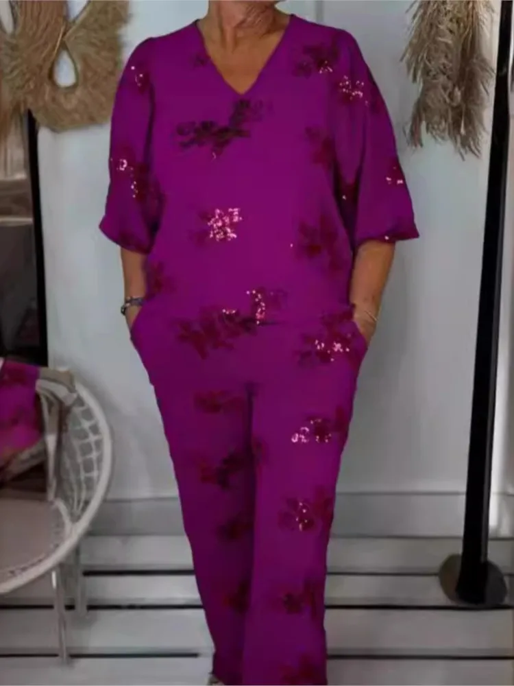 Spring Autumn Print Casual 3/4 Sleeve T-shirt Women\'s Clothing Fashion Pocket Elastic Waist Trousers Office Female 2 Piece Set