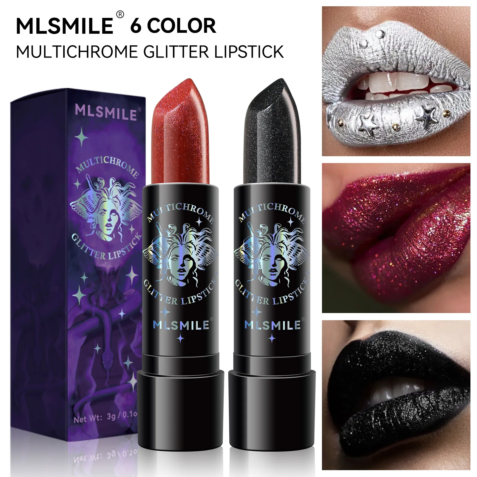 6 Colors Glitter Lipstick Waterproof Long Lasting Diamond Pearlescent Lipstick Black Lip Gloss Women Lips Makeup Cosmetic