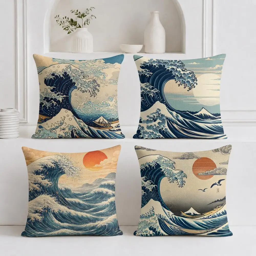 Japanese Anime H-Hokusai Cushion Cover Organic Linen Square Pillow Case Durable Non-Allergenic And Kind To Skin