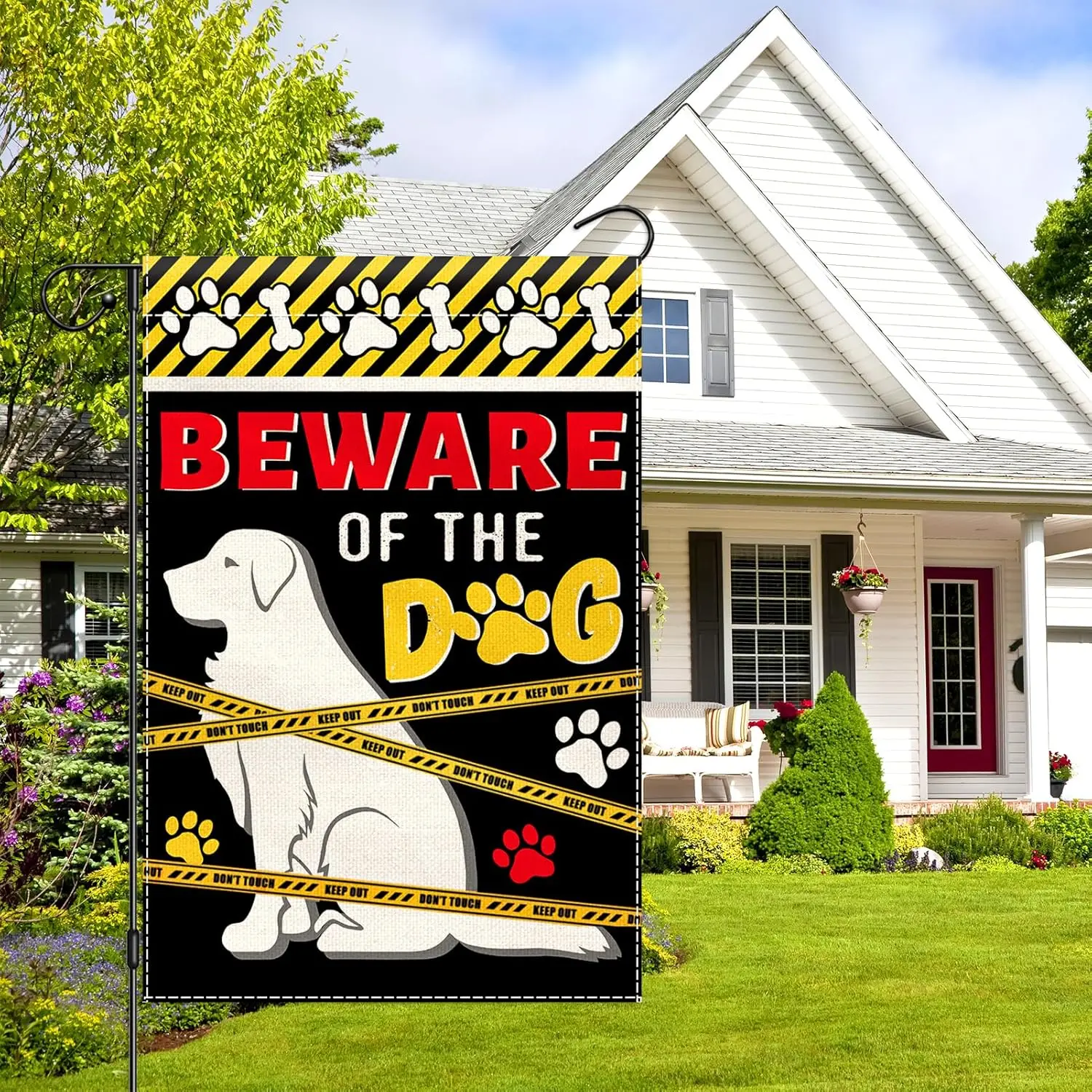 Beware of The Dog Garden Flag 12x18 Inch Double Sided, Paw Prints Yard Flag for Pet Lover, Funny Dogs Warning Garden Flags f zzo