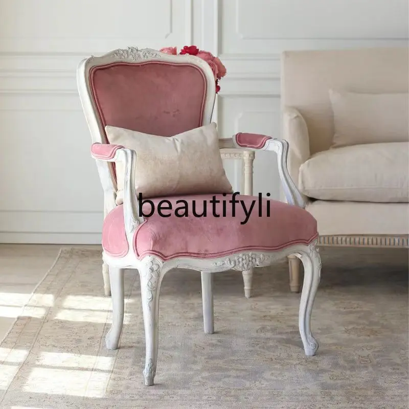 

French white old sofa chair living room lazy leisure chair manicure back stool study solid wood