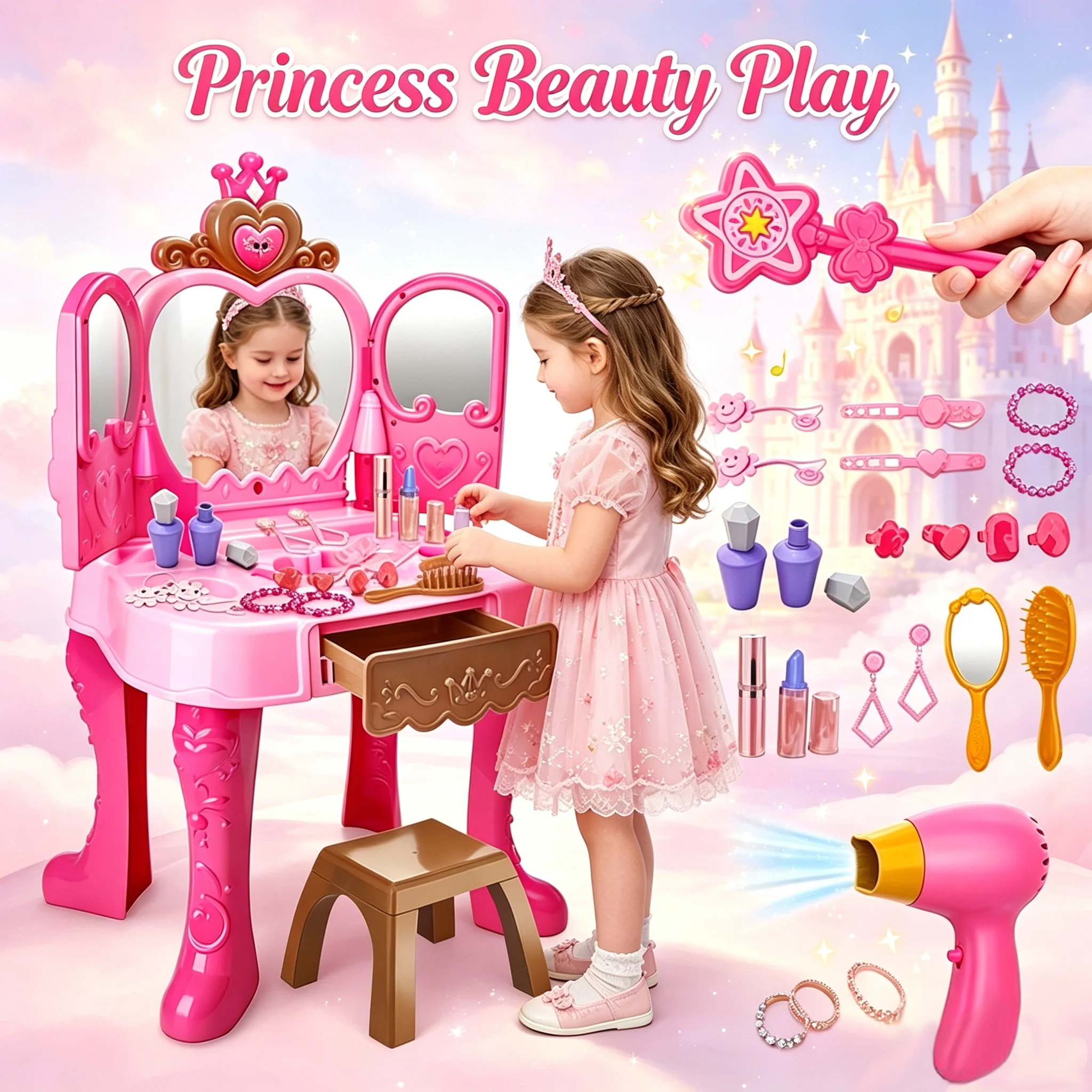 

Children Mini Dressing Table Inductive Door-opening Vanity Table with Light and Music Girls Makeup Hair Styling Pretend Play Toy
