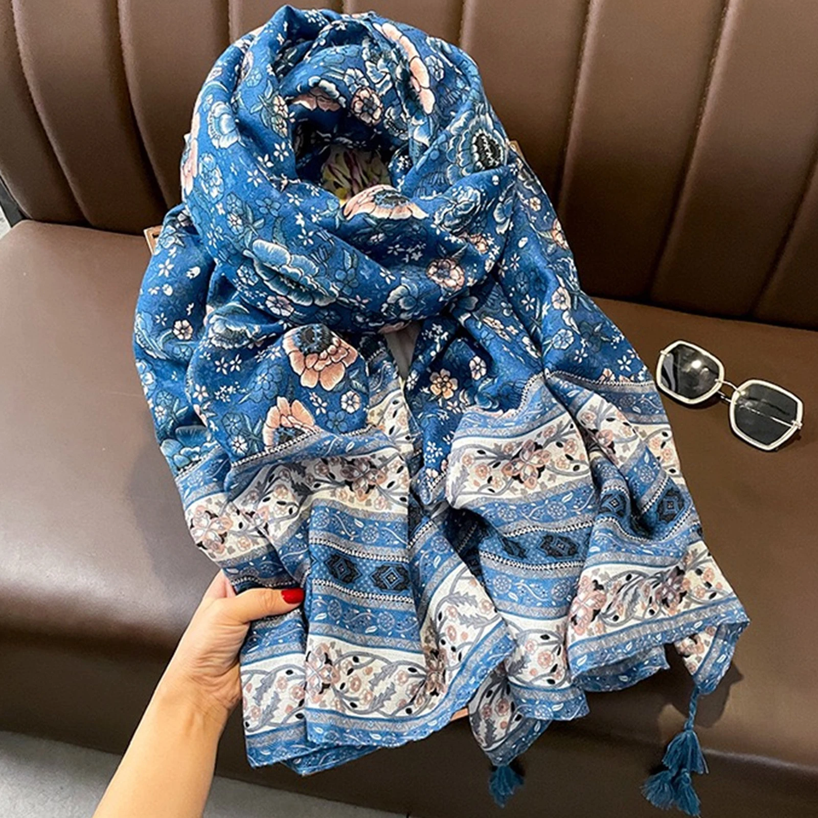 De Vier Seizoenen Strandlaken, Etnische Stijl Print Winddichte Bandana Mode Kwastjes Warme Sjaals Nieuwe 180*85Cm Moslim Hoofddoek,