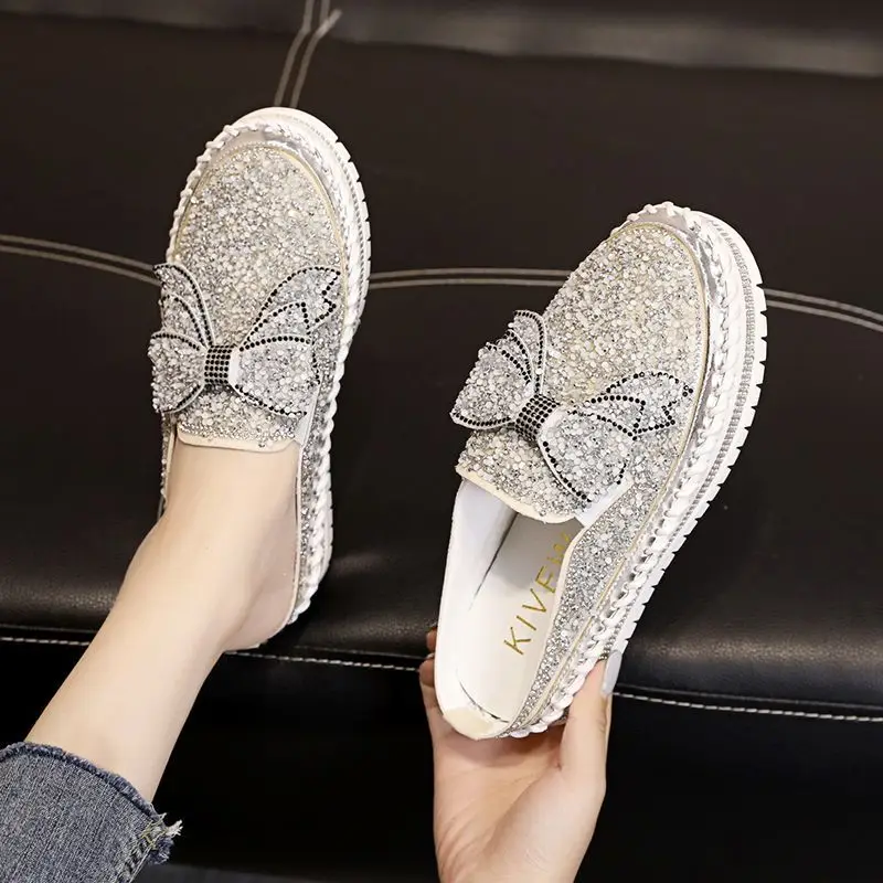 Tenis Feminino 2024 Spring Summer Shiny Black Silver Sneakers Women's Luxury Fashion Student Shoes Knot Platform Tennis Shoes