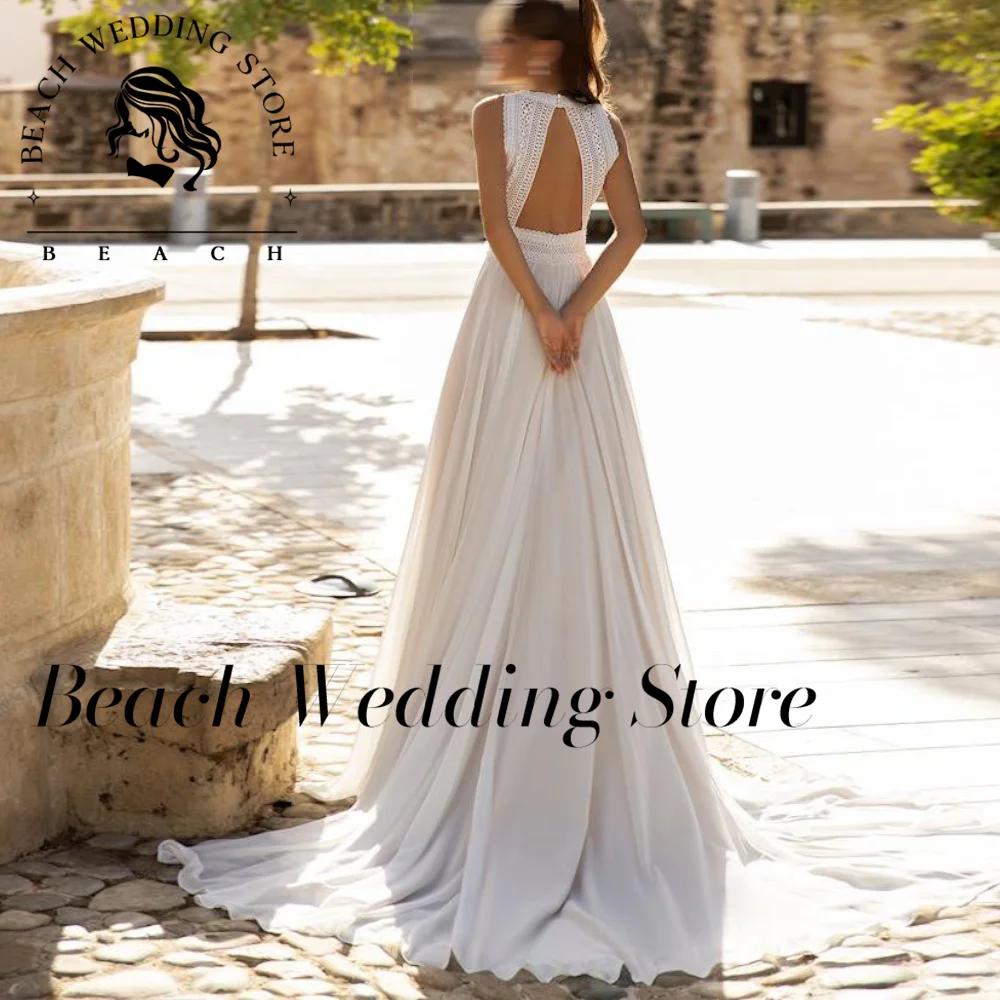 Beach Wedding Dress Customized Sleeveless Lace Floor Length Bohemian Bridal Gown Vintage Rustic Civil Robe De Mariee For Women