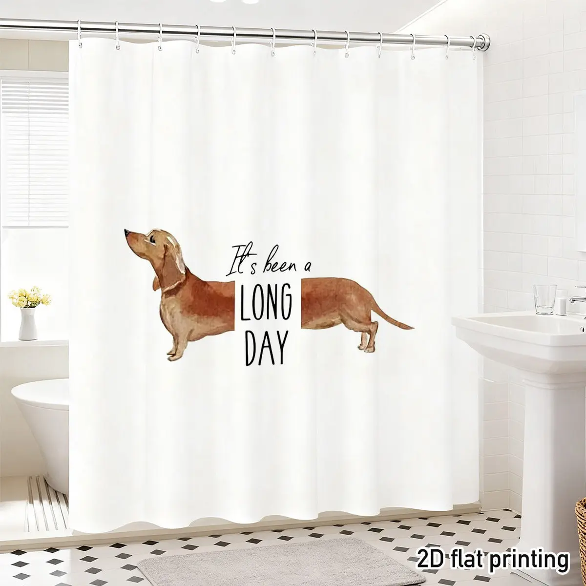 シャワーカーテン-ポリエステル製-「it's-been-a-long-day」-ダックスフント犬-水彩画-2d-フラット-防水-グロメットトップ-ペット愛好家の装飾品