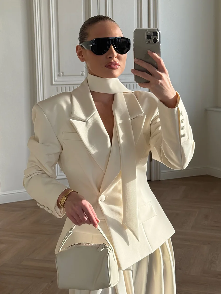 

Elegant Lapel Blazer Jacket For Women Ribbon Shoulder Pads Slim Jackets 2025 Autumn New Office Lady Long Sleeve Tops White Black