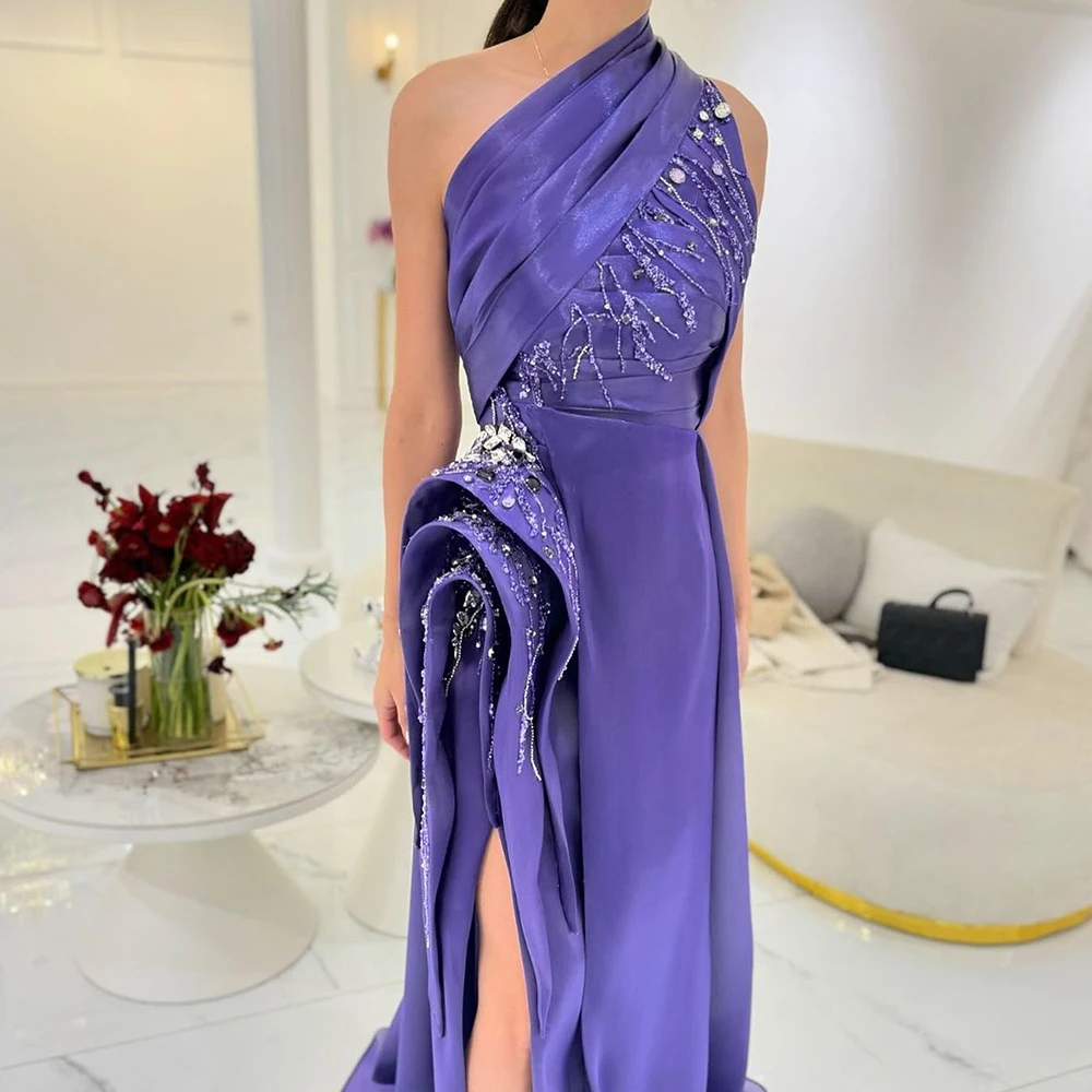 Customized Sexy Satin A-Line Side Slit Sequined Crystal One Shoulder Evening Dress High Quality Floor Length vestidos de fiesta