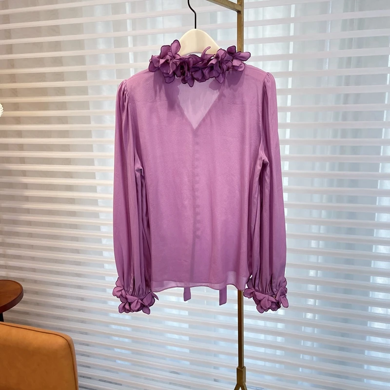 بلوزة سادة من الدانتيل برباط ثلاثي الأبعاد مزينة بزهور مرقعة للنساء ، قمم بأكمام طويلة ، على الطراز الفرنسي ، قميص أرجواني ، تصميم جديد ، ربيعي ،