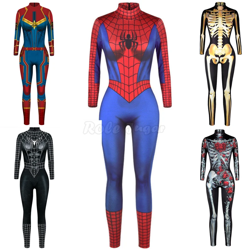 Superhero Cosplay Spider-Man Jumpsuit Catsuit Sexy Women 3D Digital Print Slim Tights Bodysuit Zentai Halloween Costumes C40M158