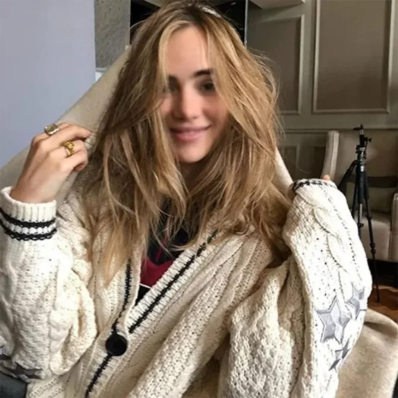 Elegant Vintage Star Print Knitted Cardigan Preppy Cute Button Up V Neck Long Sleeve Coat Autumn Winter Y2K Korean Retro Sweater