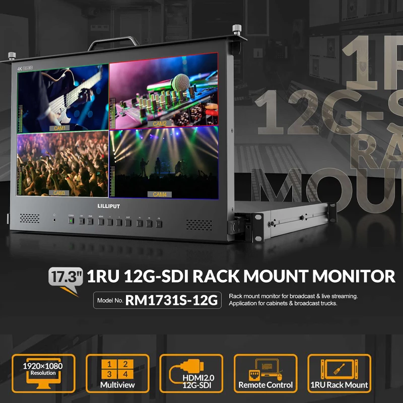 LILLIPUT RM1731S-12G 17.3 Inch 1920x1080 300cd/m² 4×12G-SDI 1RU Pull-out Rackmount Monitor Remote Control, HDR/3D-Lut