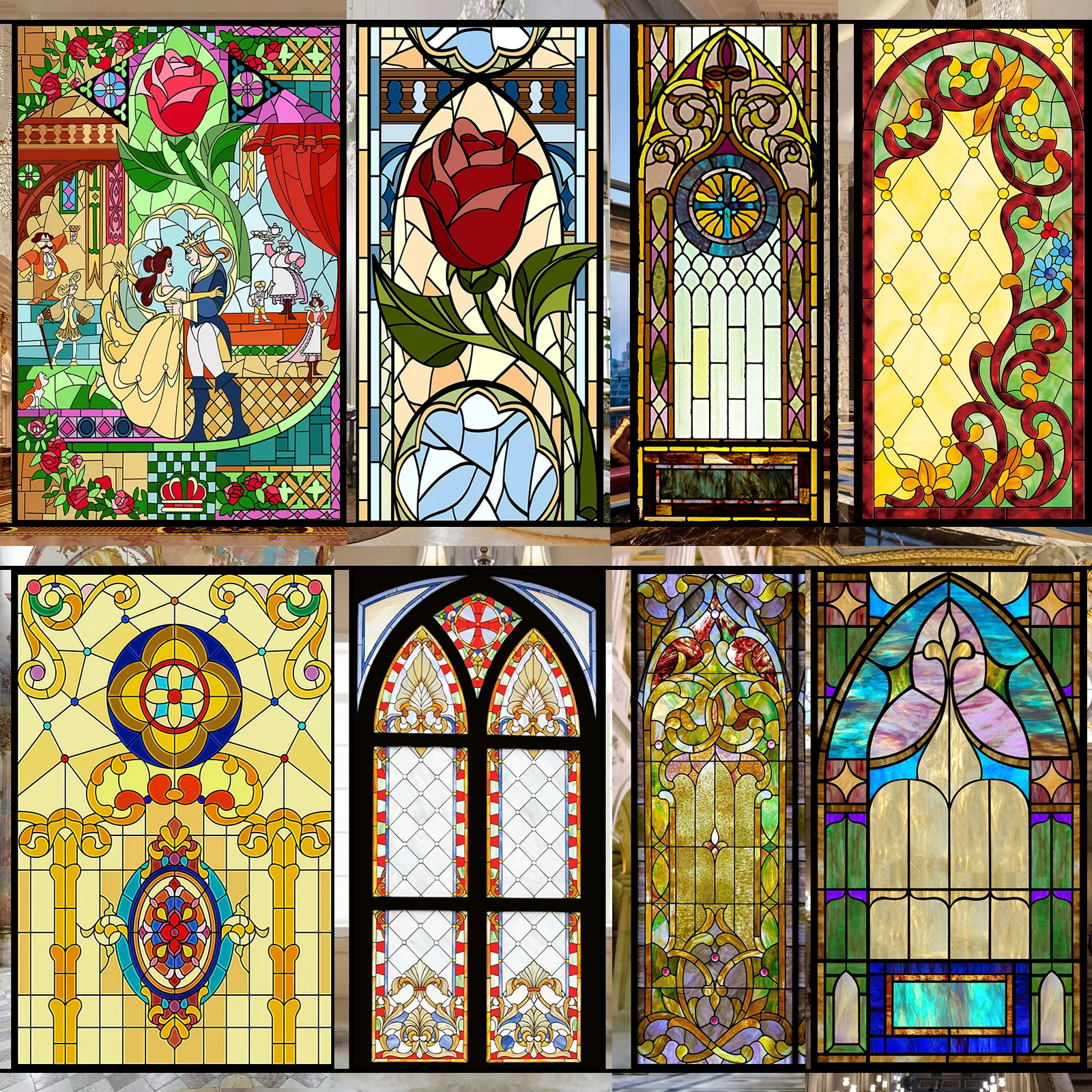 Colorful Stained Glass Window Film Opaque Frosted Privacy Protection Removable Home-Decor Church Window Covering Vintage