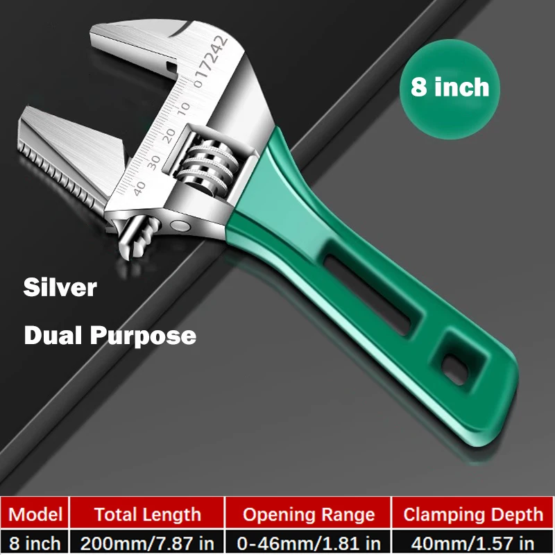 6/8-inch large opening manual short handle adjustable wrench, dual-use bathroom wrench, household pipe wrench