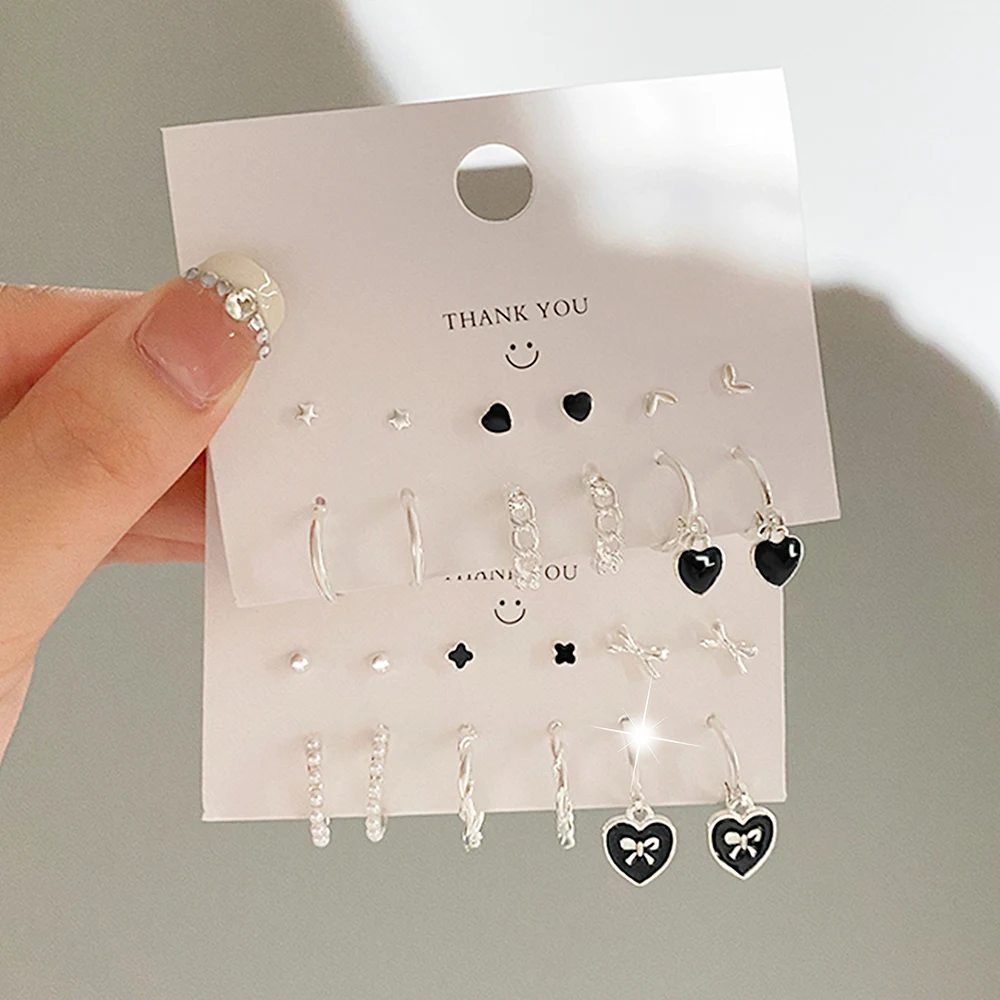 VKME Black Heart Earring Set Star Ear Studs Bear Pendant Chain Circle Drop Earring Fashion Earring Set Women Jewelry Gifts