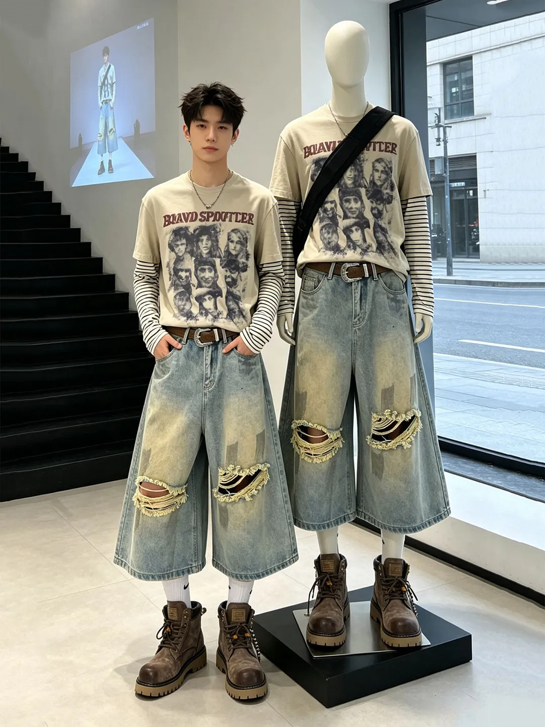 Jeans Retro Americano Azul Desbotado de Sete Quartos para Homens e Mulheres, Calças de Denim com Corte Limpo e Rasgado, Moda de Verão para Jovens