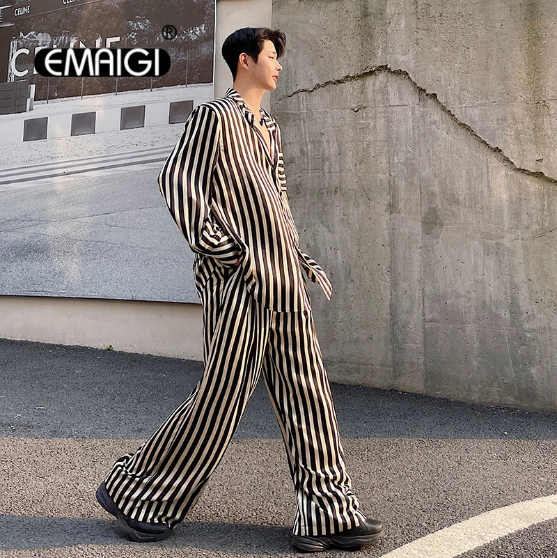 

Men Satin Style Stripe Suits Sets Long Sleeve Loose Casual Shirt Pant Male Streetwear Vintage Fashion Party Dress Shirts Trouser