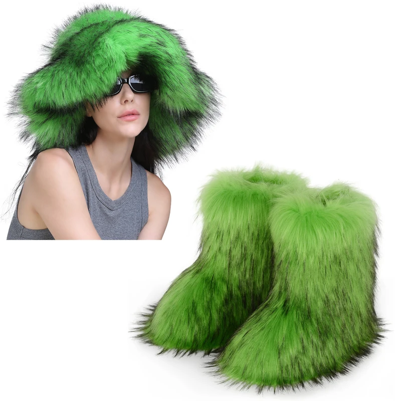 2024 Women\'s New Fur Snow Boots Winter Thick-soled Warm Wool-like Women\'s Boots Female Shoes Fashion Plush Fur Hat 2-piece Suit