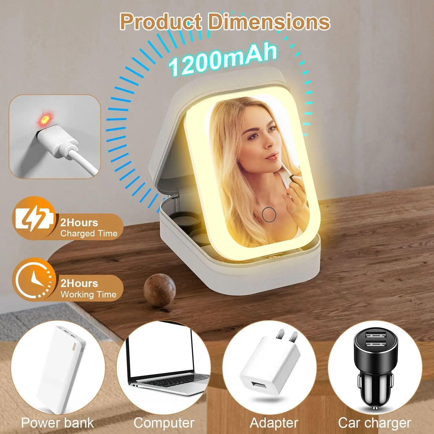 لحقيبة ماكياج السفر المحمولة مع مرآة LED مرآة تجميل قابلة للشحن مع 3 ألوان ضوء سطوع عكس الضوء مقاوم للماء