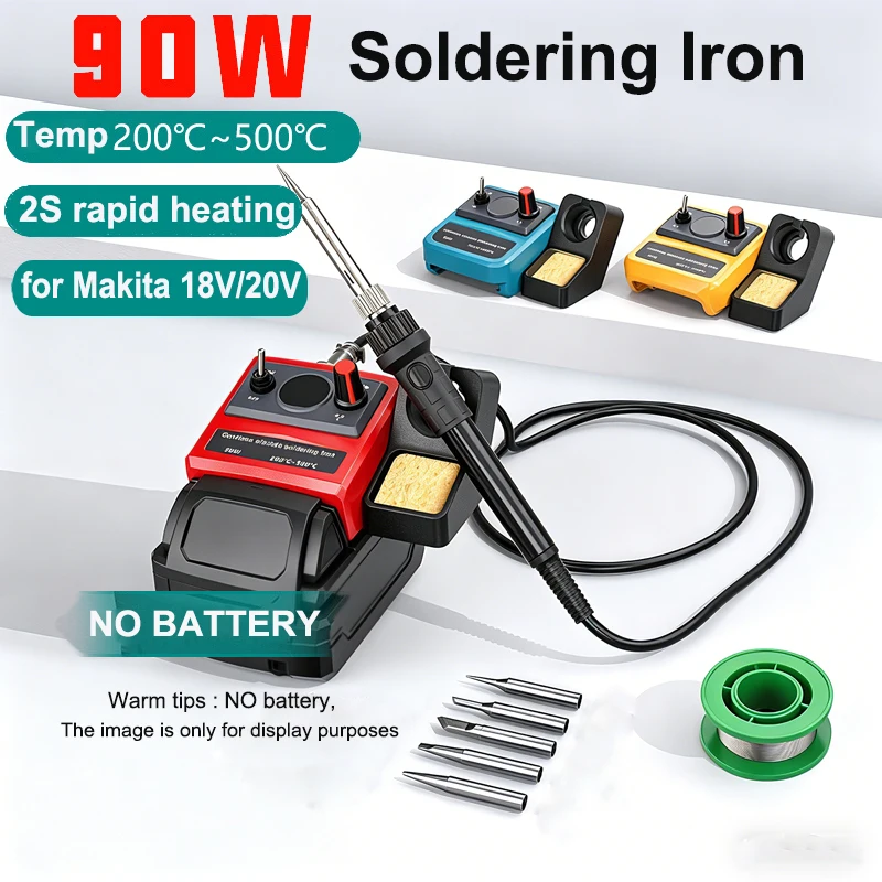 

Портативная беспроводная электрическая паяльная станция 90 Вт с проводами для пайки и 5 насадками для пайки, для DIY проектов, совместима с аккумуляторами Makita DW 18В/20В