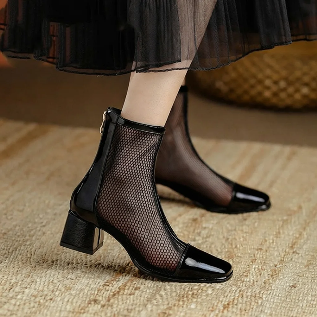 

Women's Short Tube Net Boots Cool Booties Soft Leather Autumn Spring Summer Boots Square Head High Heel Single Boots Apricot