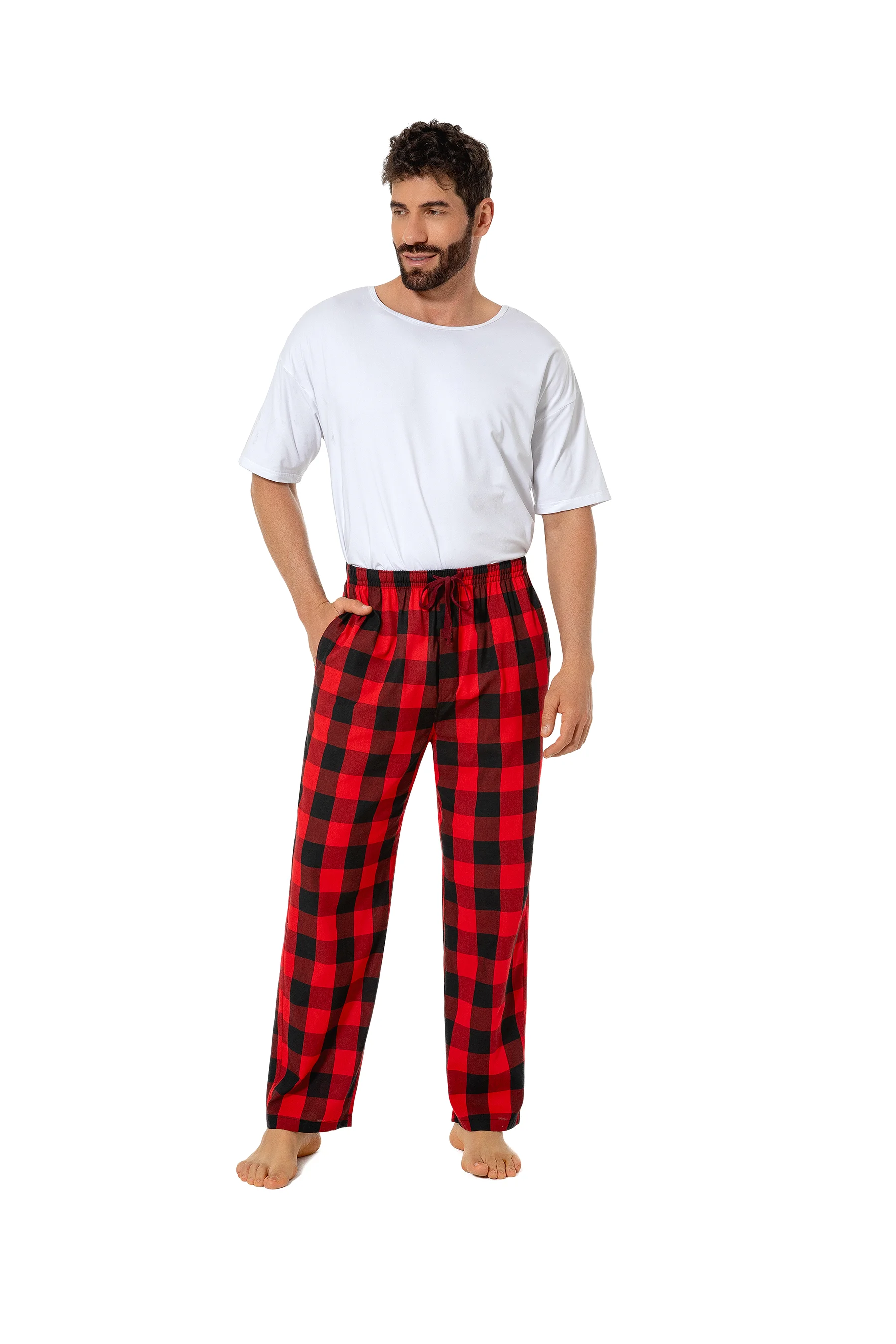 3 Pcs Men\'s Simple Plaid Pattern Cotton Casual Pants, Stretchy Loose Elastic Waist With Drawstring Pockets Home Pajamas Bottom